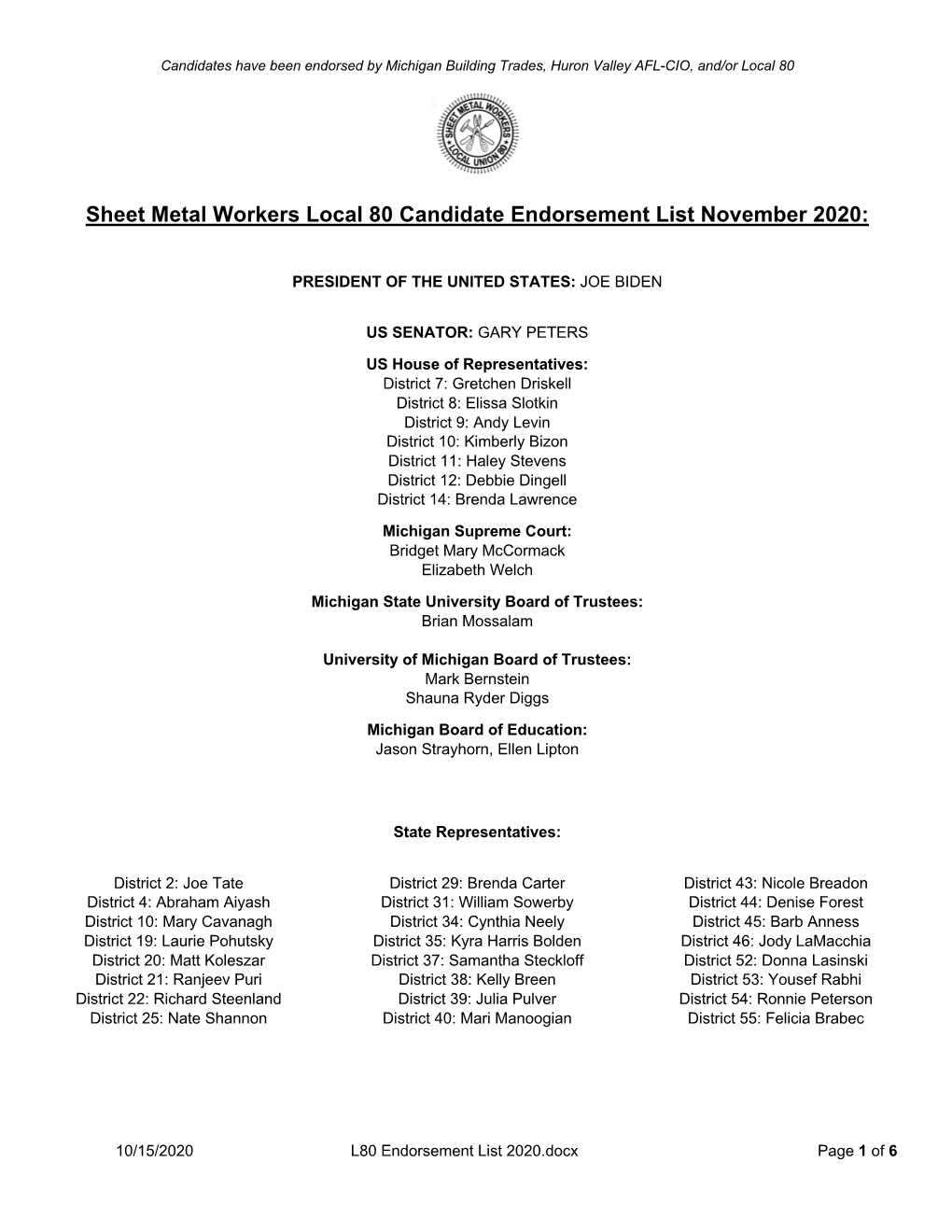 Sheet Metal Workers Local 80 Candidate Endorsement List November 2020