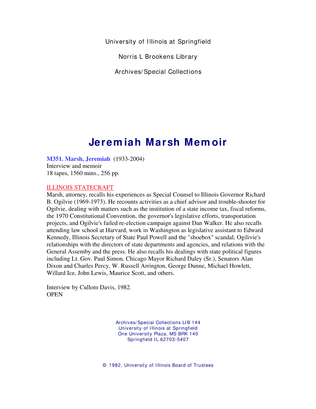 Jeremiah Marsh Memoir