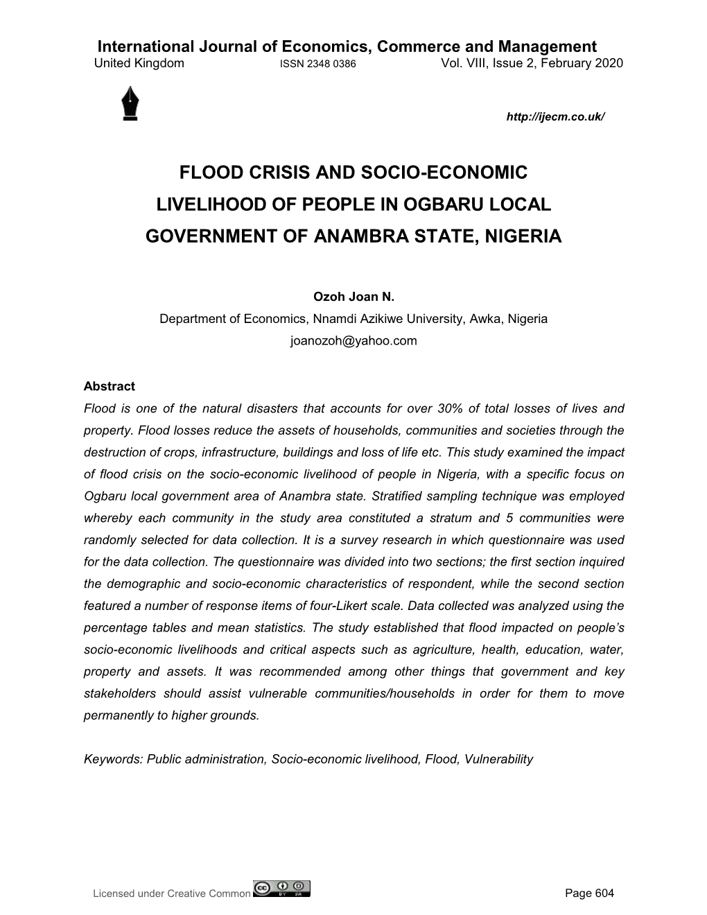 Flood Crisis and Socio-Economic Livelihood of People in Ogbaru Local Government of Anambra State, Nigeria