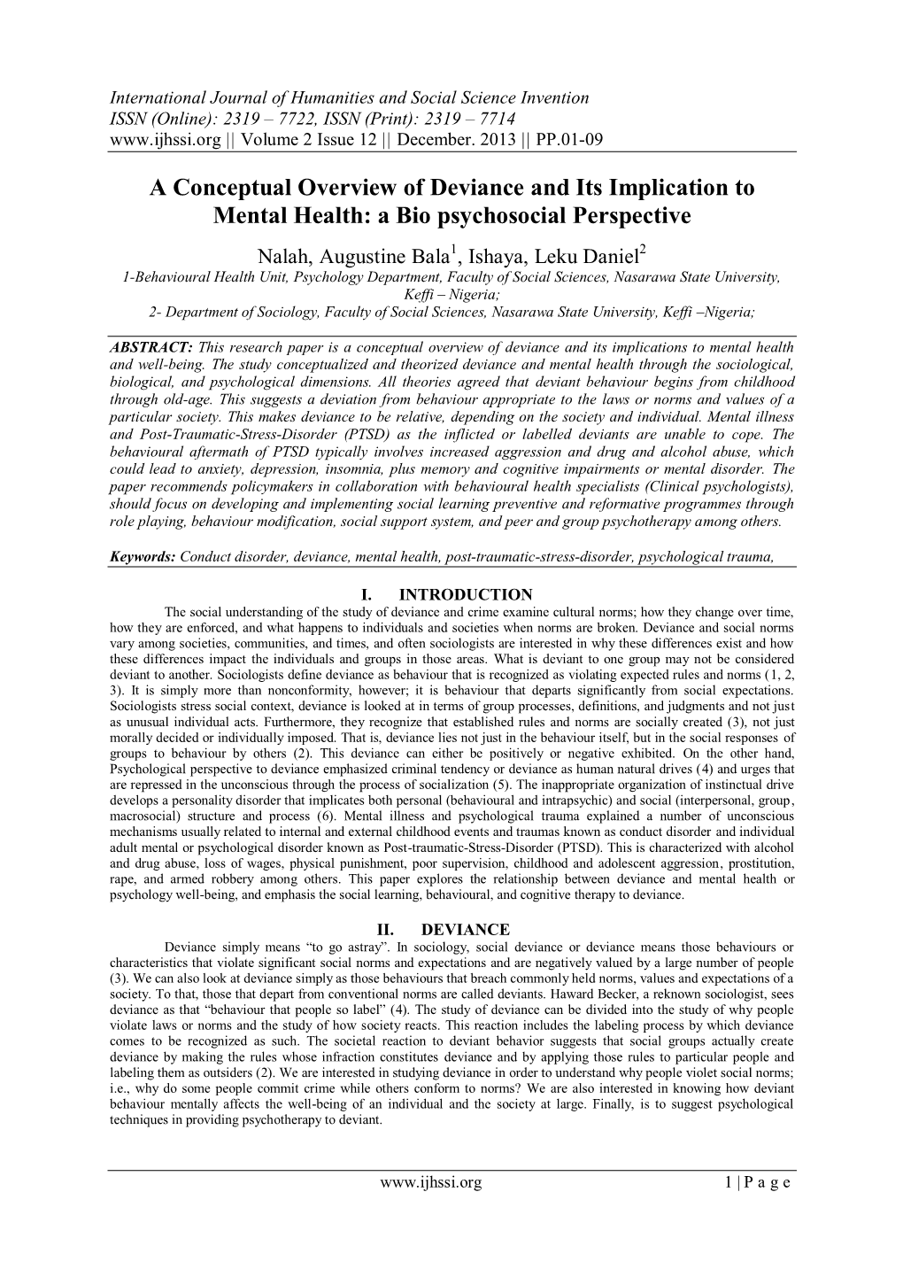 A Conceptual Overview of Deviance and Its Implication to Mental Health