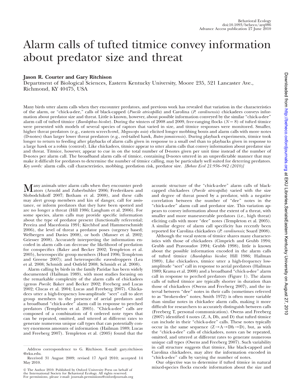 Alarm Calls of Tufted Titmice Convey Information About Predator Size and Threat Downloaded from Jason R