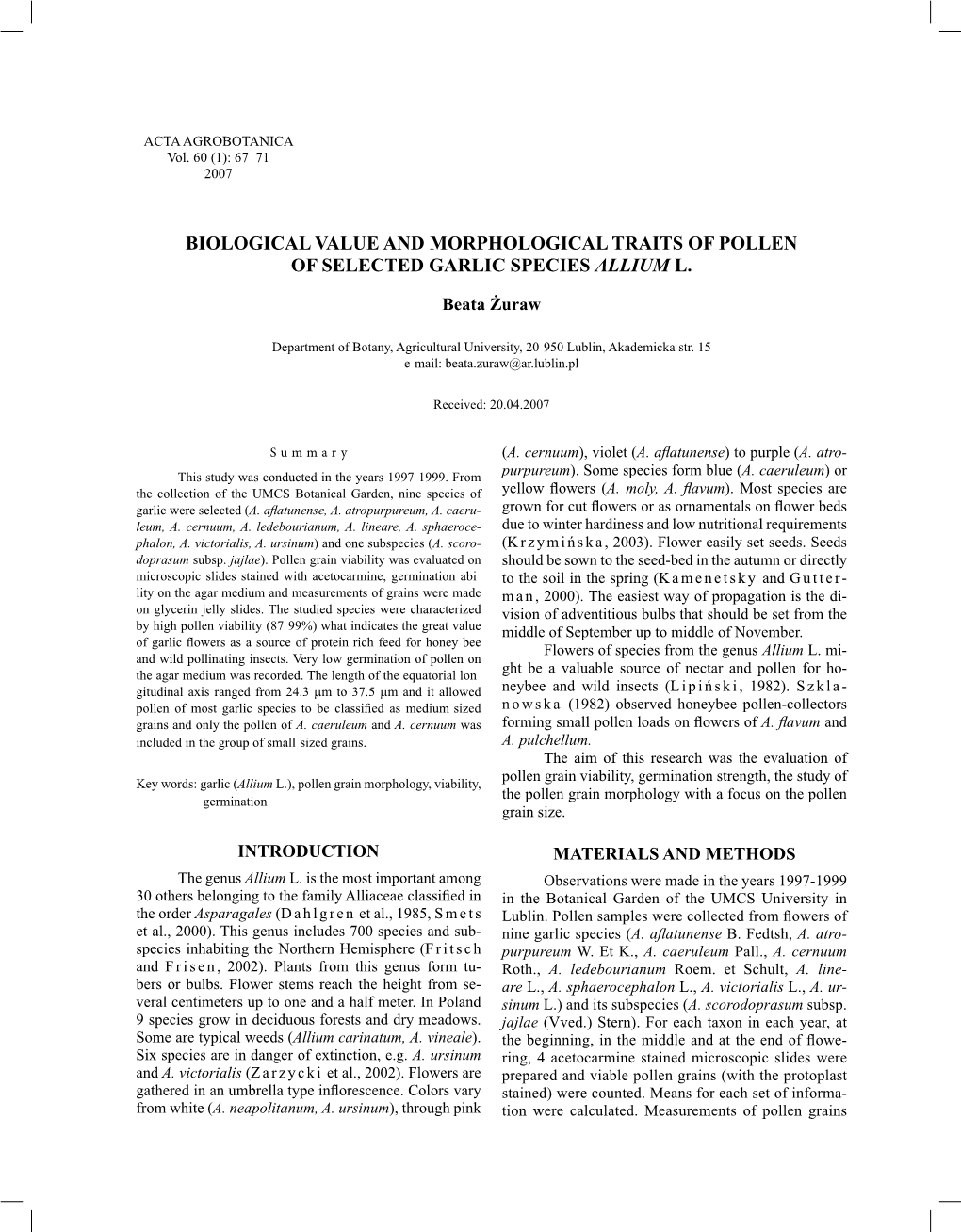 Biological Value and Morphological Traits of Pollen of Selected Garlic Species Allium L