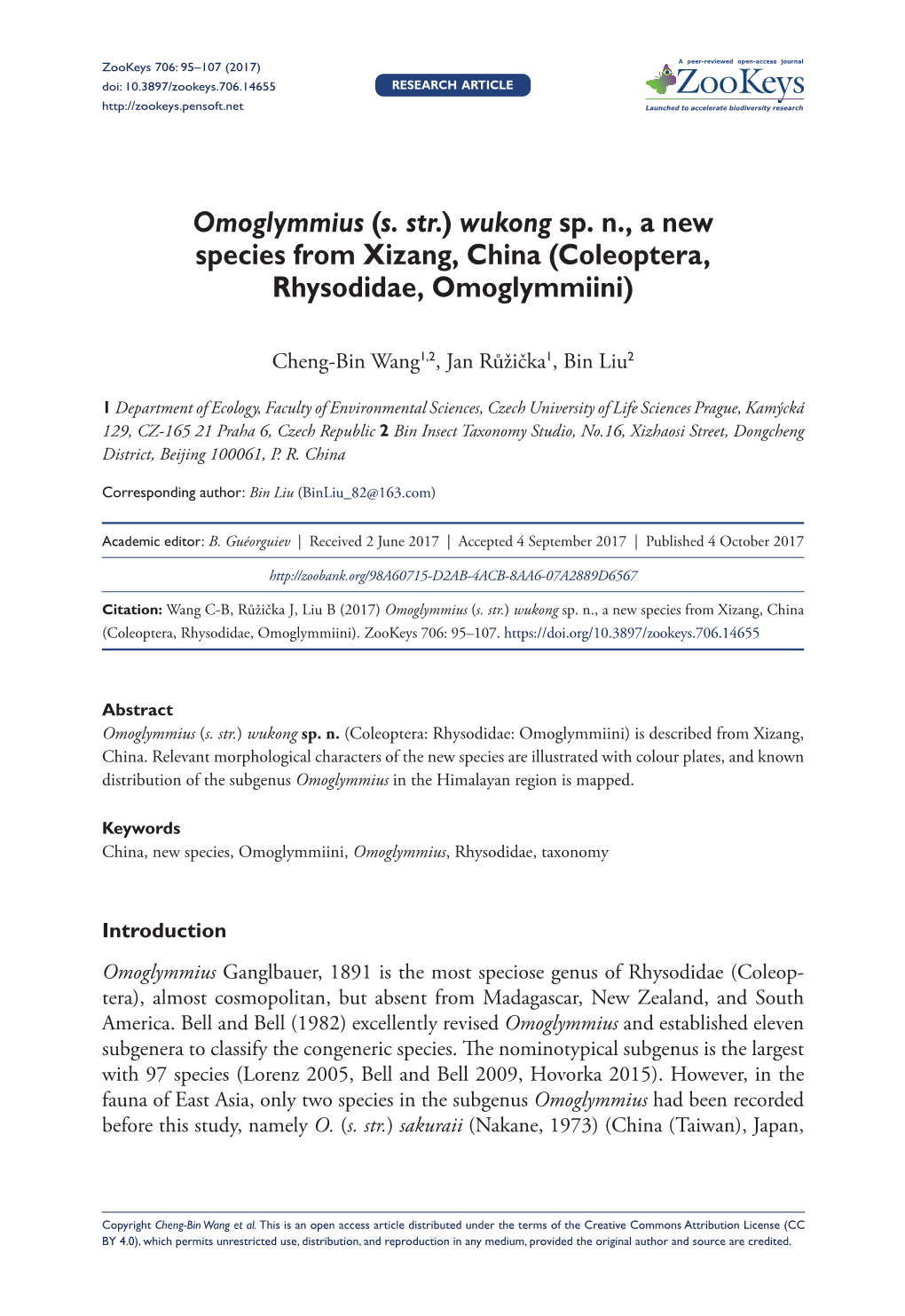 Omoglymmius (S. Str.) Wukong Sp. N., a New Species from Xizang, China (Coleoptera, Rhysodidae, Omoglymmiini)