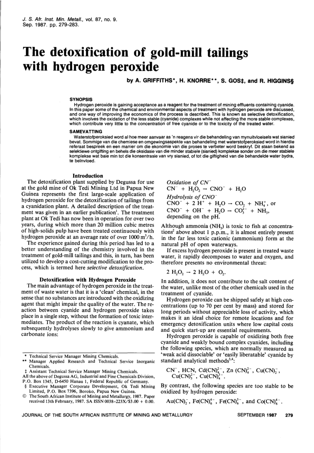 The Detoxification of Gold-Mill Tailings with Hydrogen Peroxide by A