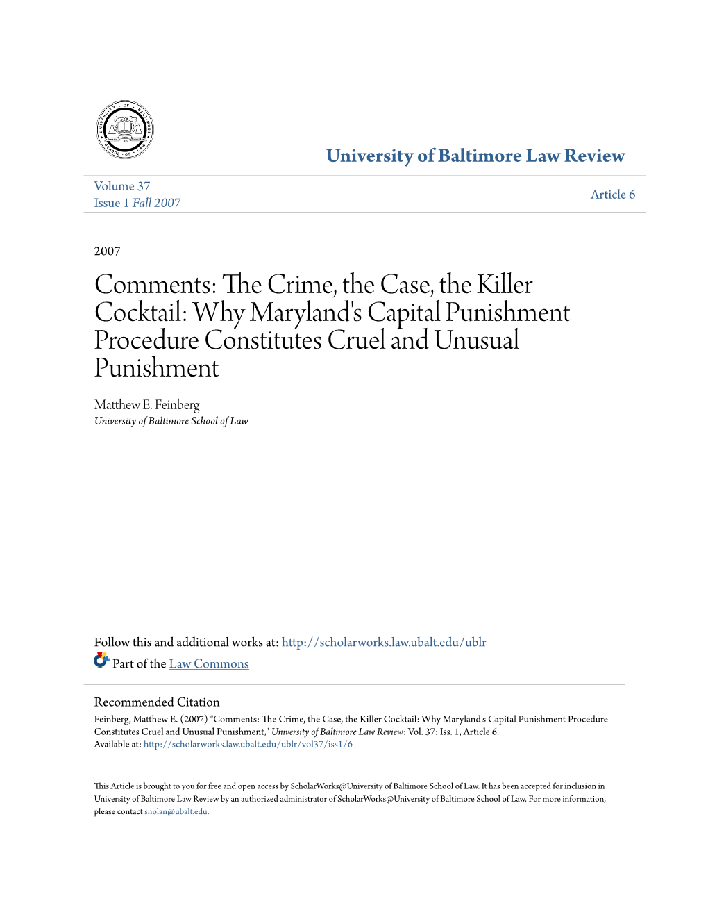 Why Maryland's Capital Punishment Procedure Constitutes Cruel and Unusual Punishment Matthew E