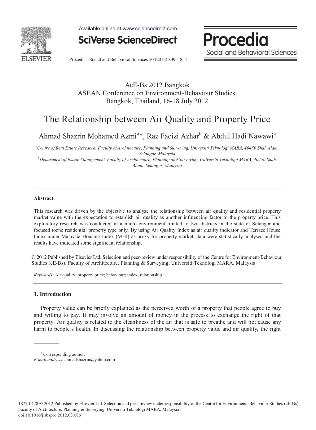 The Relationship Between Air Quality and Property Price