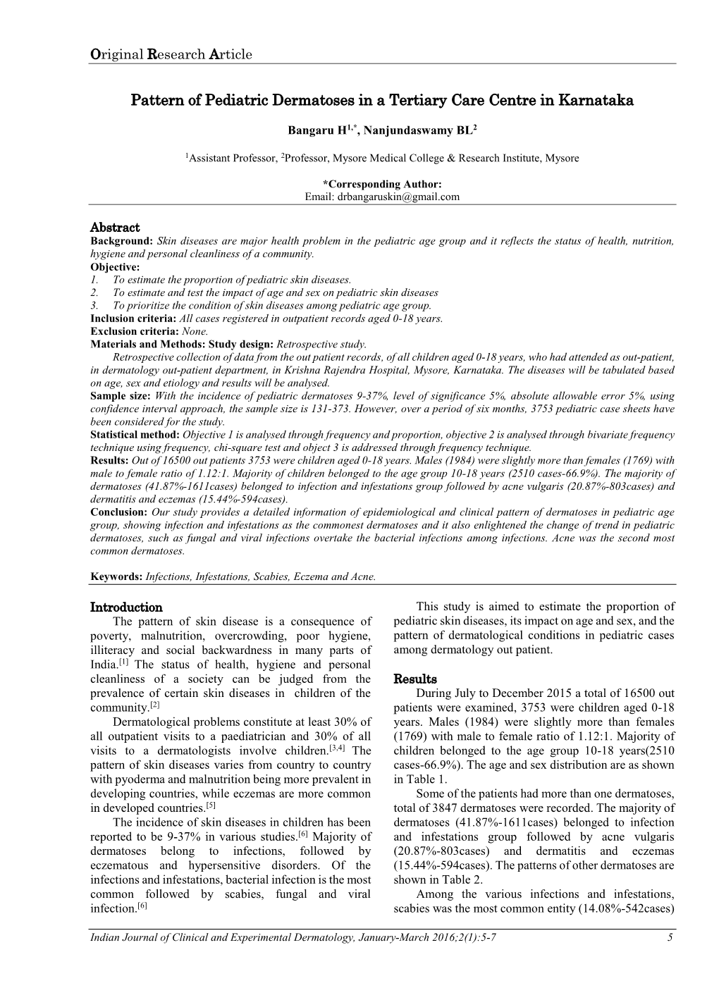 Pattern of Pediatric Dermatoses in a Tertiary Care Centre in Karnataka