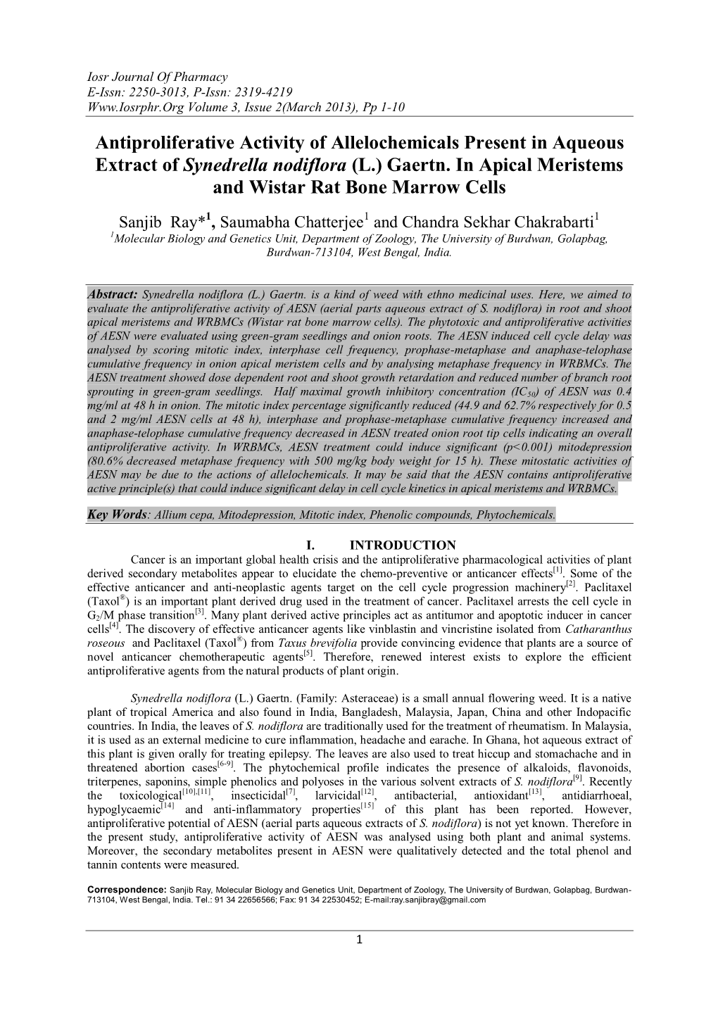 Antiproliferative Activity of Allelochemicals Present in Aqueous Extract of Synedrella Nodiflora (L.) Gaertn