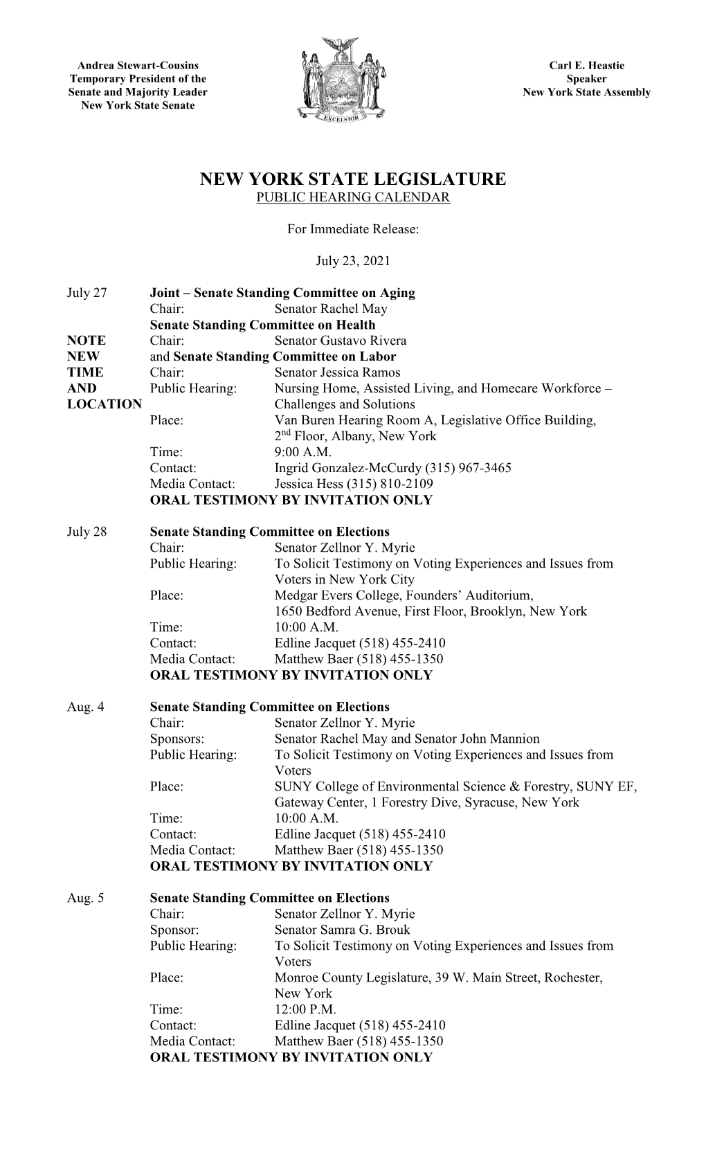 New York State Legislature Public Hearing Calendar