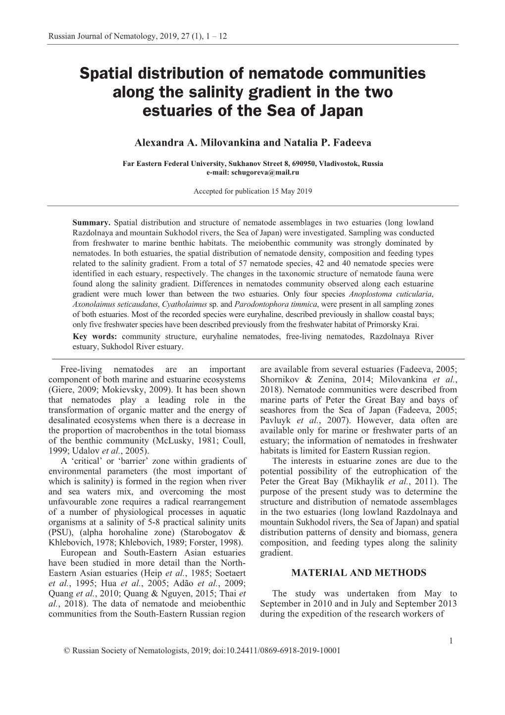 Spatial Distribution of Nematode Communities Along the Salinity Gradient in the Two Estuaries of the Sea of Japan