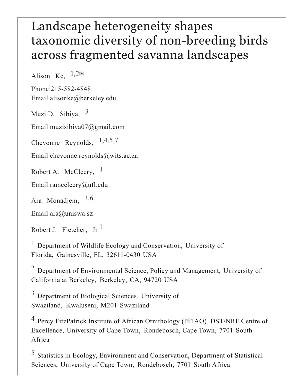 Landscape Heterogeneity Shapes Taxonomic Diversity of Non-Breeding Birds Across Fragmented Savanna Landscapes