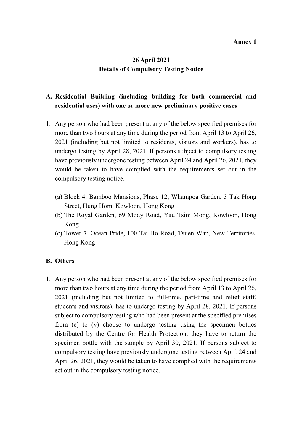 Annex 1 26 April 2021 Details of Compulsory Testing Notice A. Residential Building