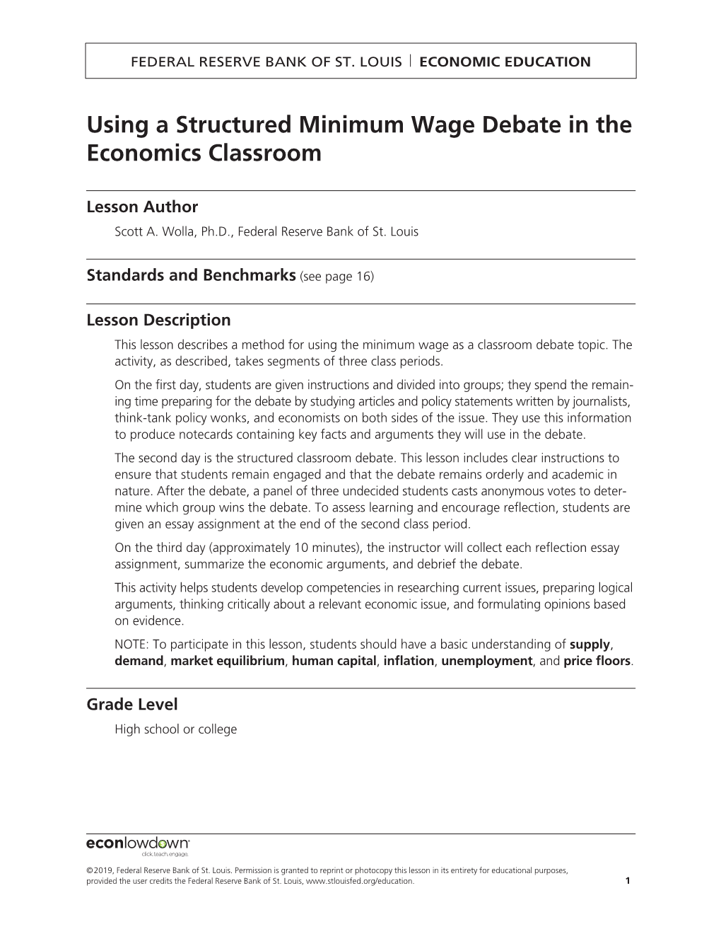 Using a Structured Minimum Wage Debate in the Economics Classroom