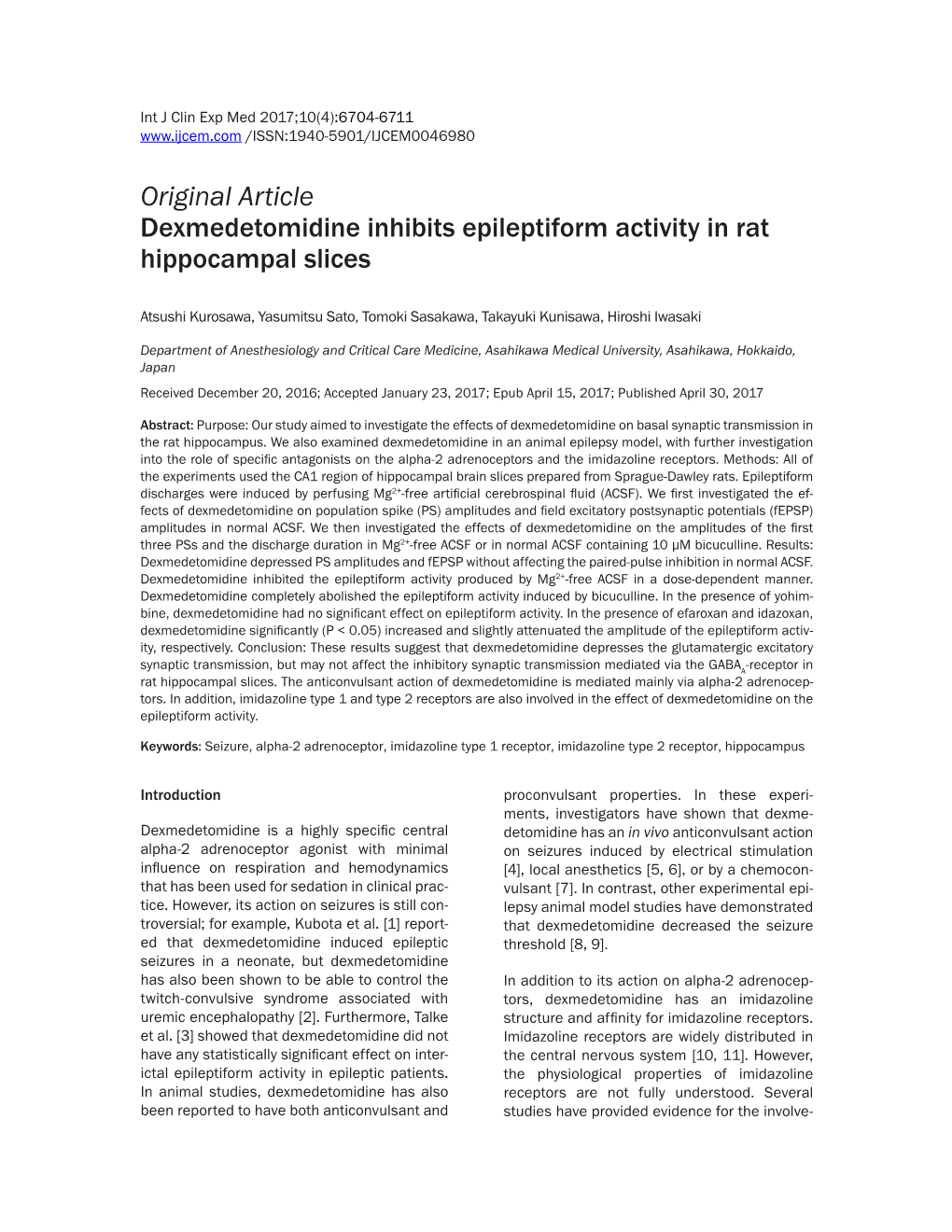 Original Article Dexmedetomidine Inhibits Epileptiform Activity in Rat Hippocampal Slices