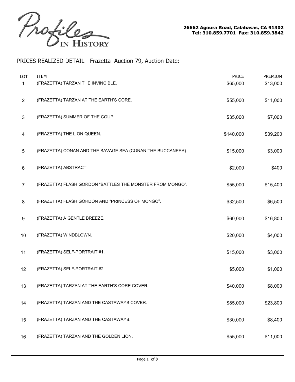 PRICES REALIZED DETAIL - Frazetta Auction 79, Auction Date