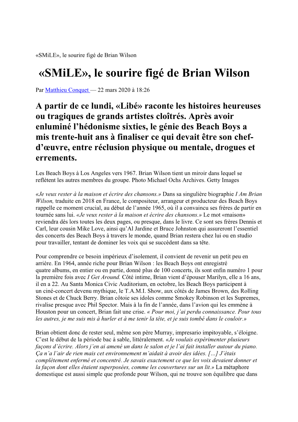 «Smile», Le Sourire Figé De Brian Wilson «Smile», Le Sourire Figé De Brian Wilson