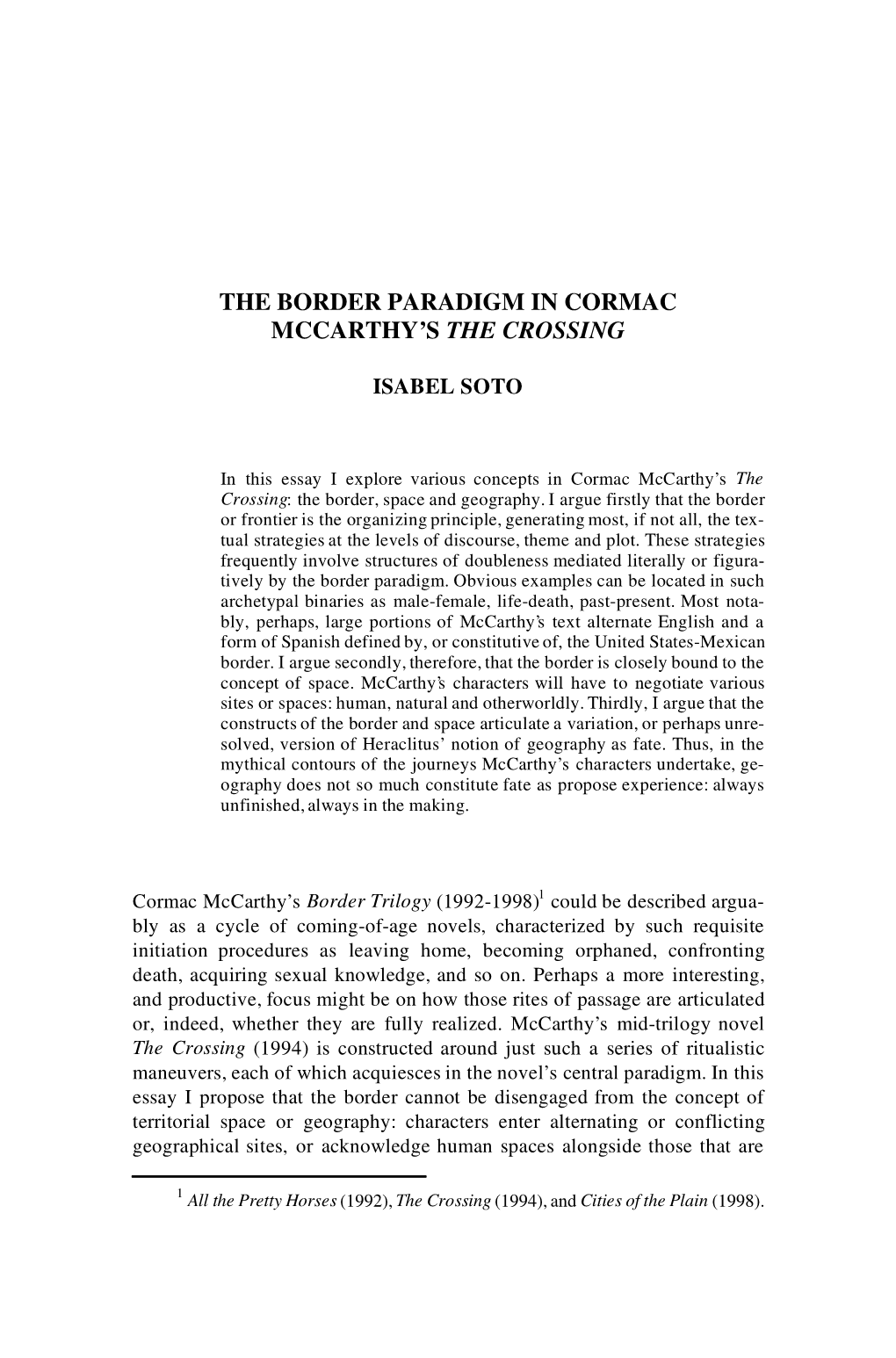 The Border Paradigm in Cormac Mccarthy's The