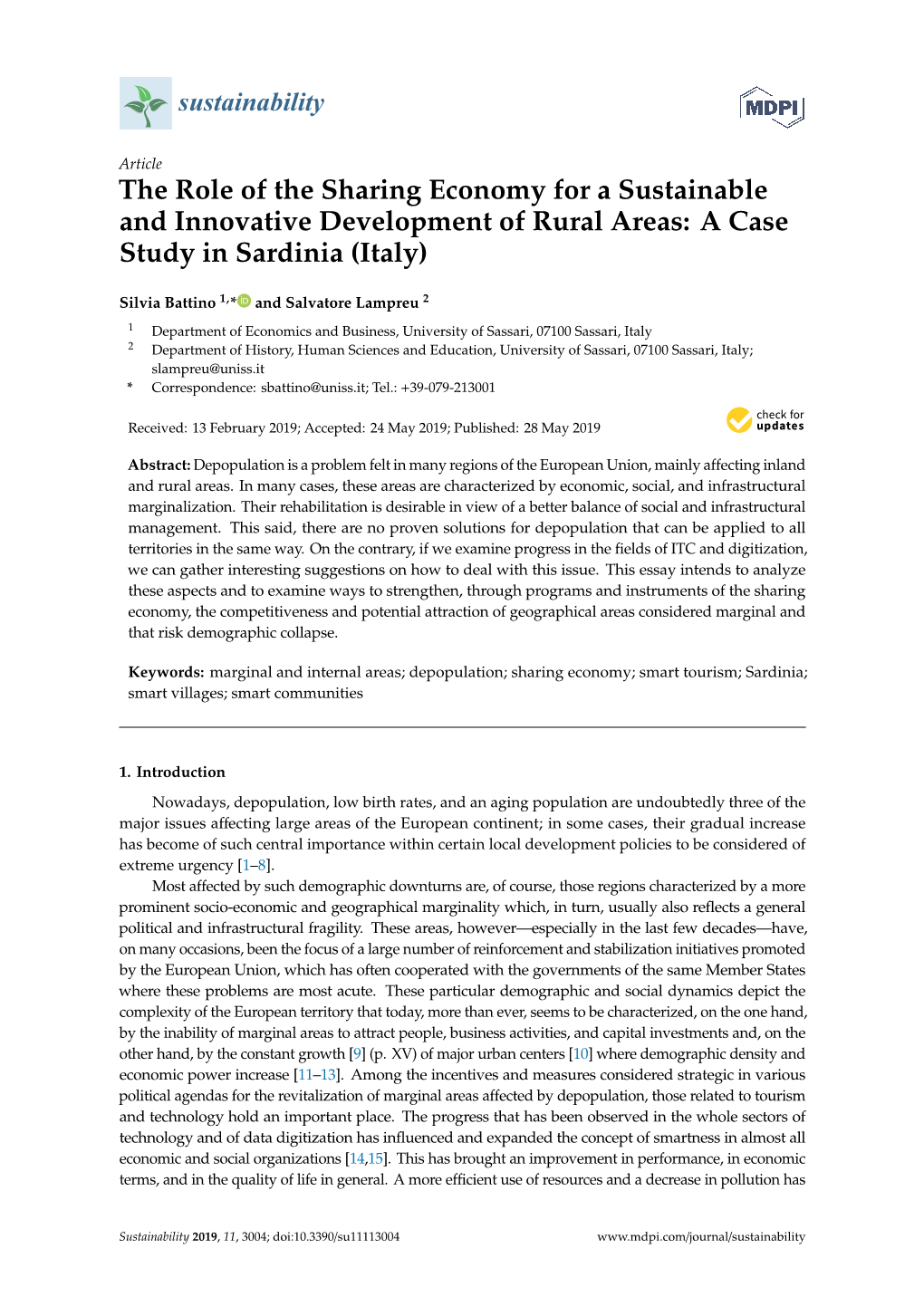 The Role of the Sharing Economy for a Sustainable and Innovative Development of Rural Areas: a Case Study in Sardinia (Italy)