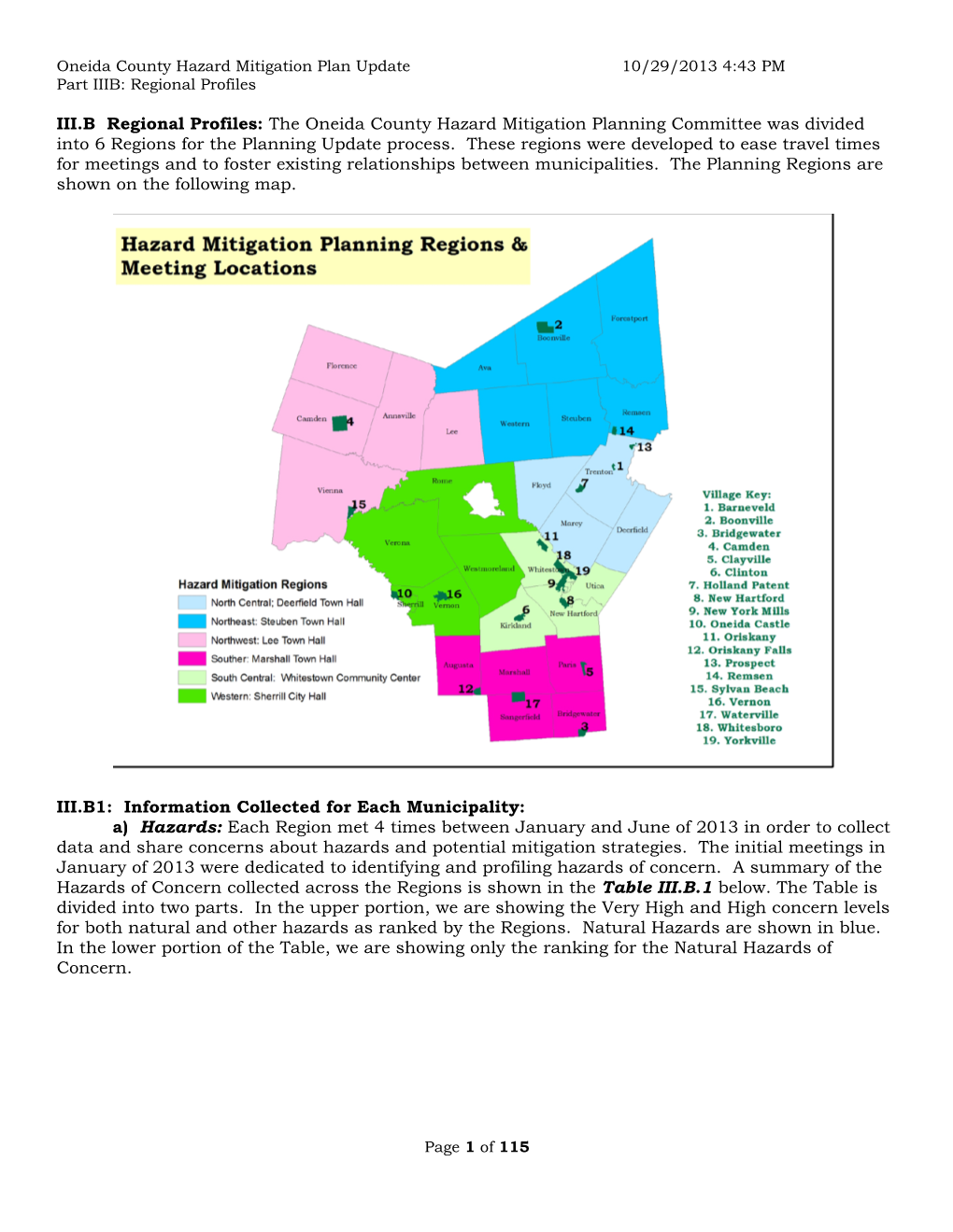 III.B Regional Profiles: the Oneida County Hazard Mitigation Planning Committee Was Divided Into 6 Regions for the Planning Update Process