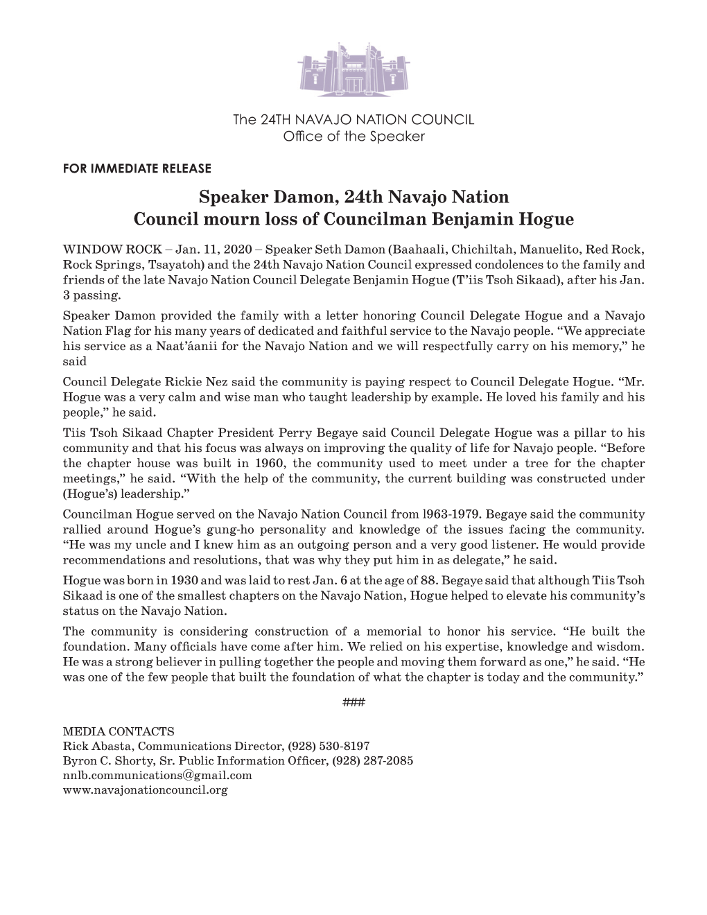 Speaker Damon, 24Th Navajo Nation Council Mourn Loss of Councilman Benjamin Hogue