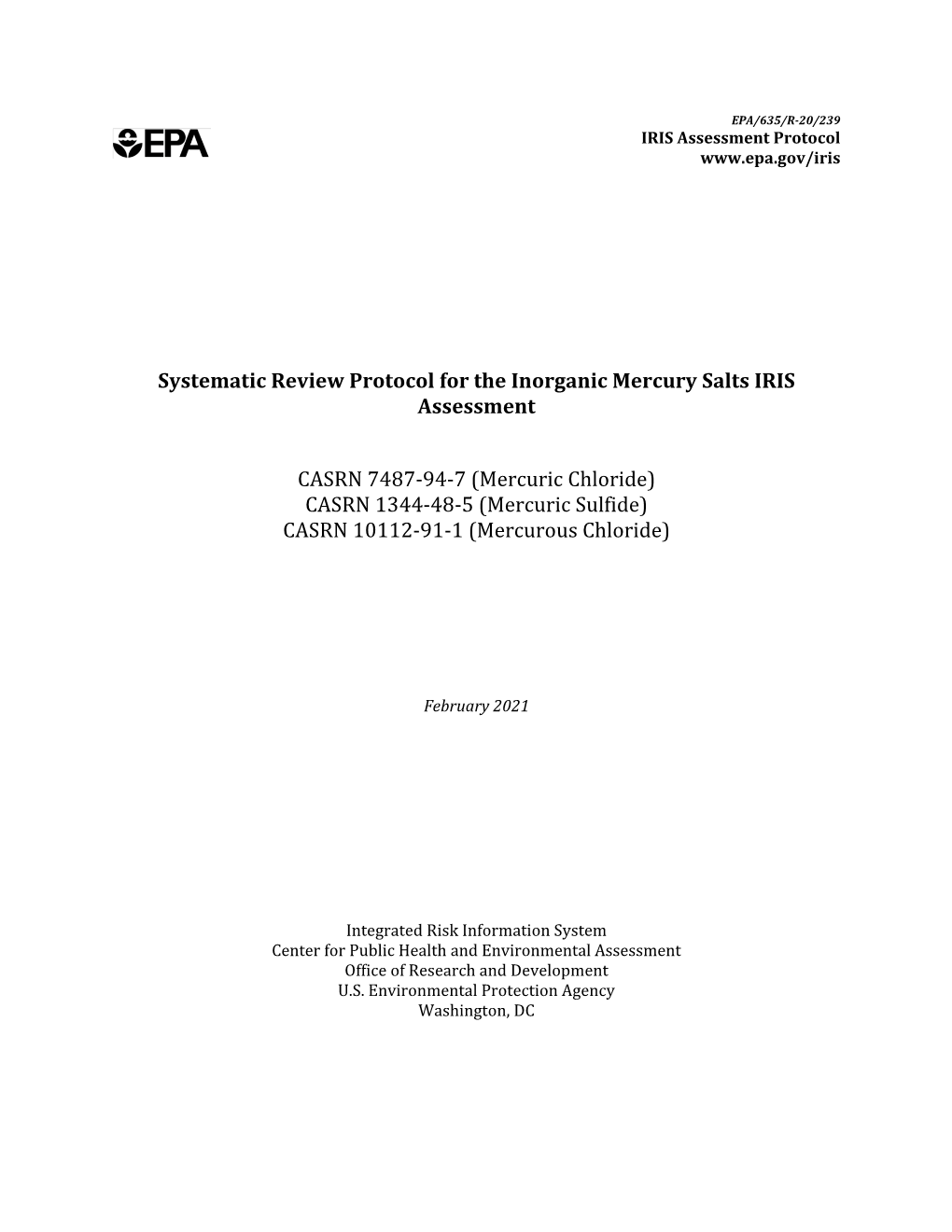 Systematic Review Protocol for the Inorganic Mercury Salts IRIS Assessment