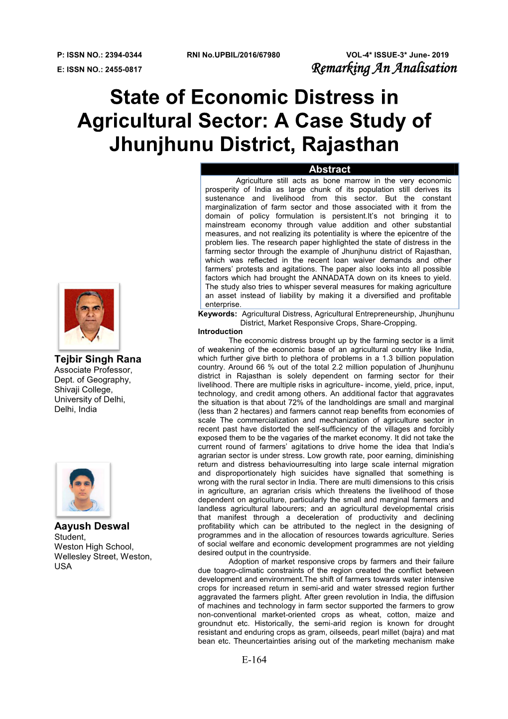 State of Economic Distress in Agricultural Sector