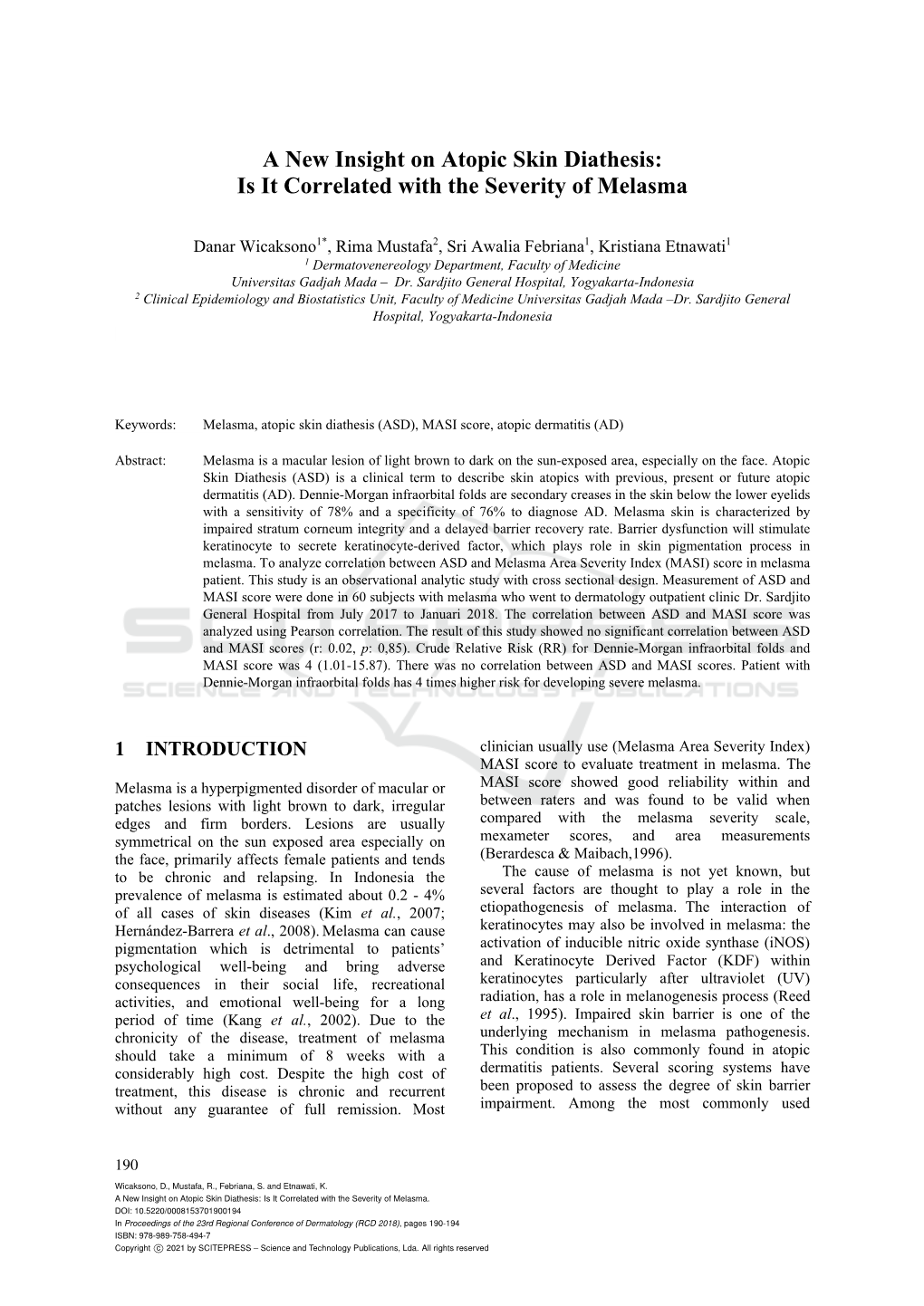 A New Insight on Atopic Skin Diathesis: Is It Correlated with the Severity of Melasma