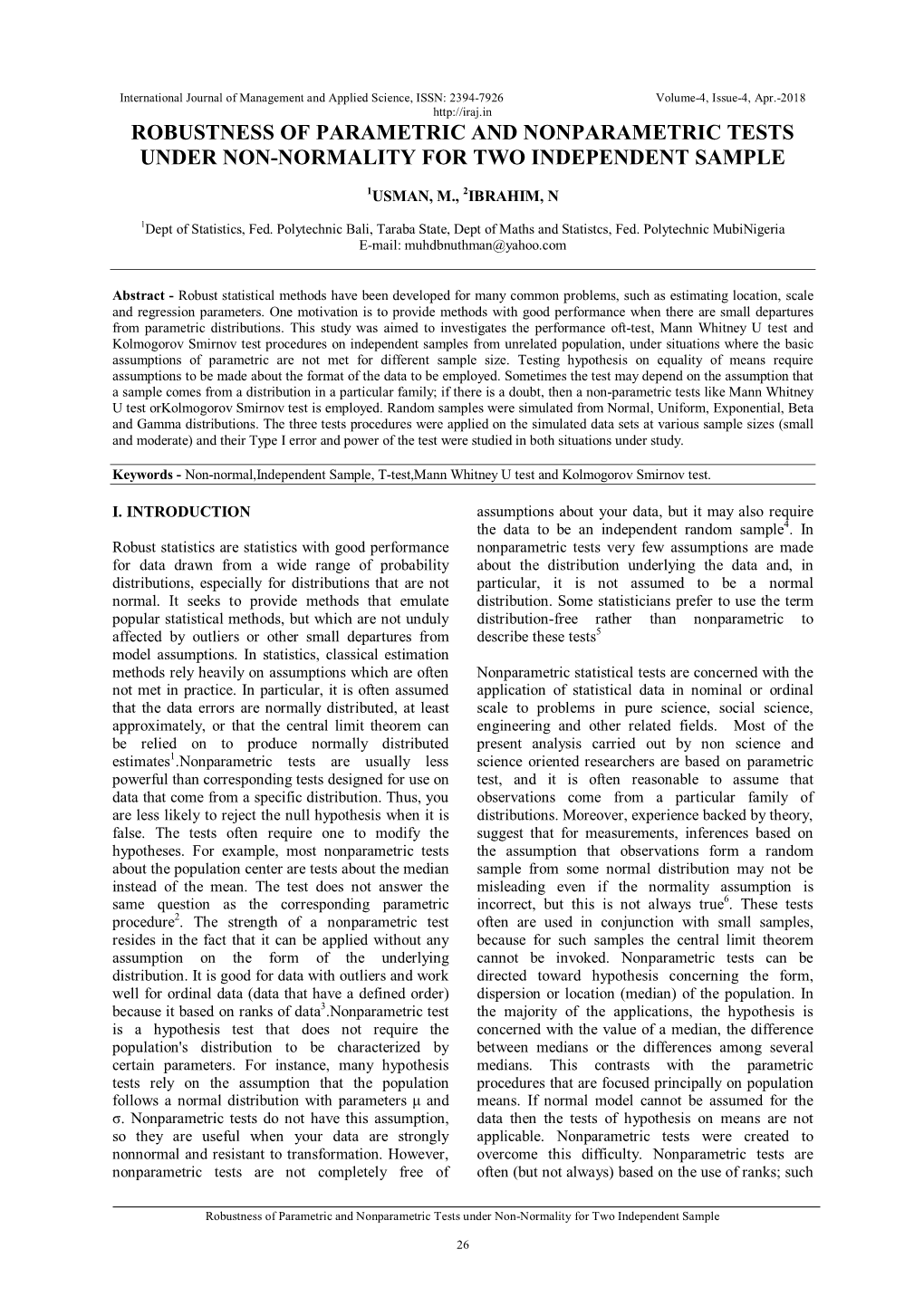 Robustness of Parametric and Nonparametric Tests Under Non-Normality for Two Independent Sample