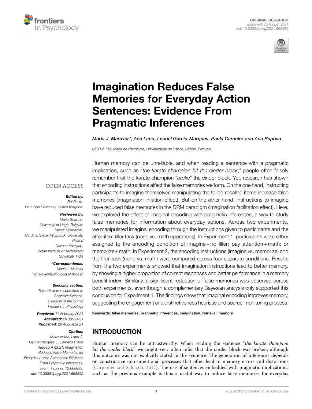 Imagination Reduces False Memories for Everyday Action Sentences: Evidence from Pragmatic Inferences