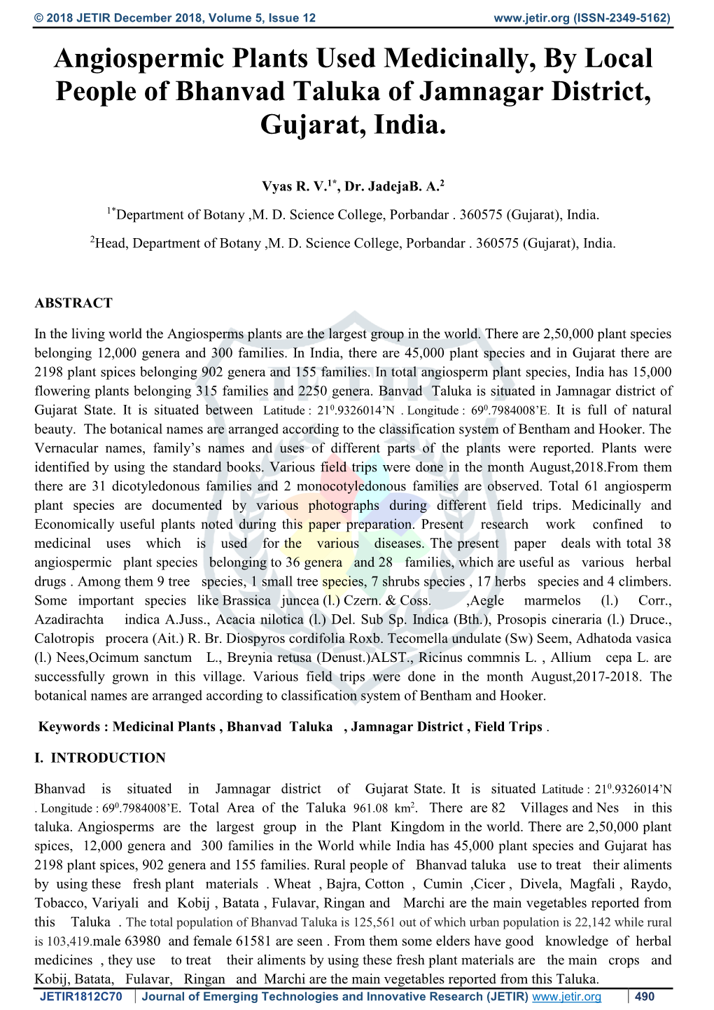 Angiospermic Plants Used Medicinally, by Local People of Bhanvad Taluka of Jamnagar District, Gujarat, India