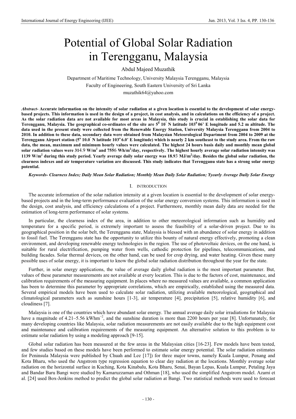 Potential of Global Solar Radiation in Terengganu, Malaysia