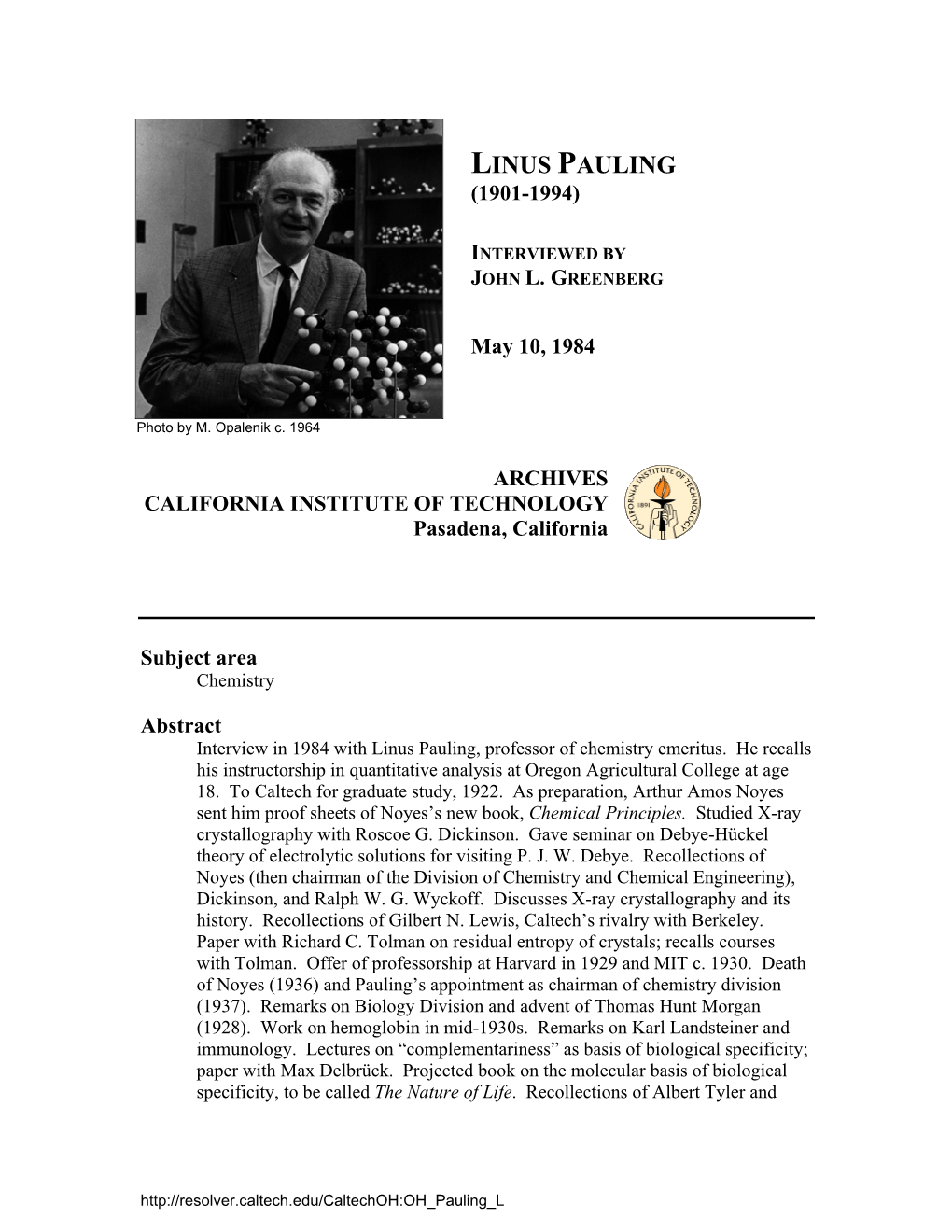 Interview with Linus Pauling