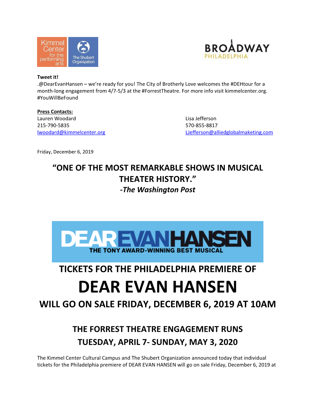 Dear Evan Hansen Will Go on Sale Friday, December 6, 2019 at 10Am