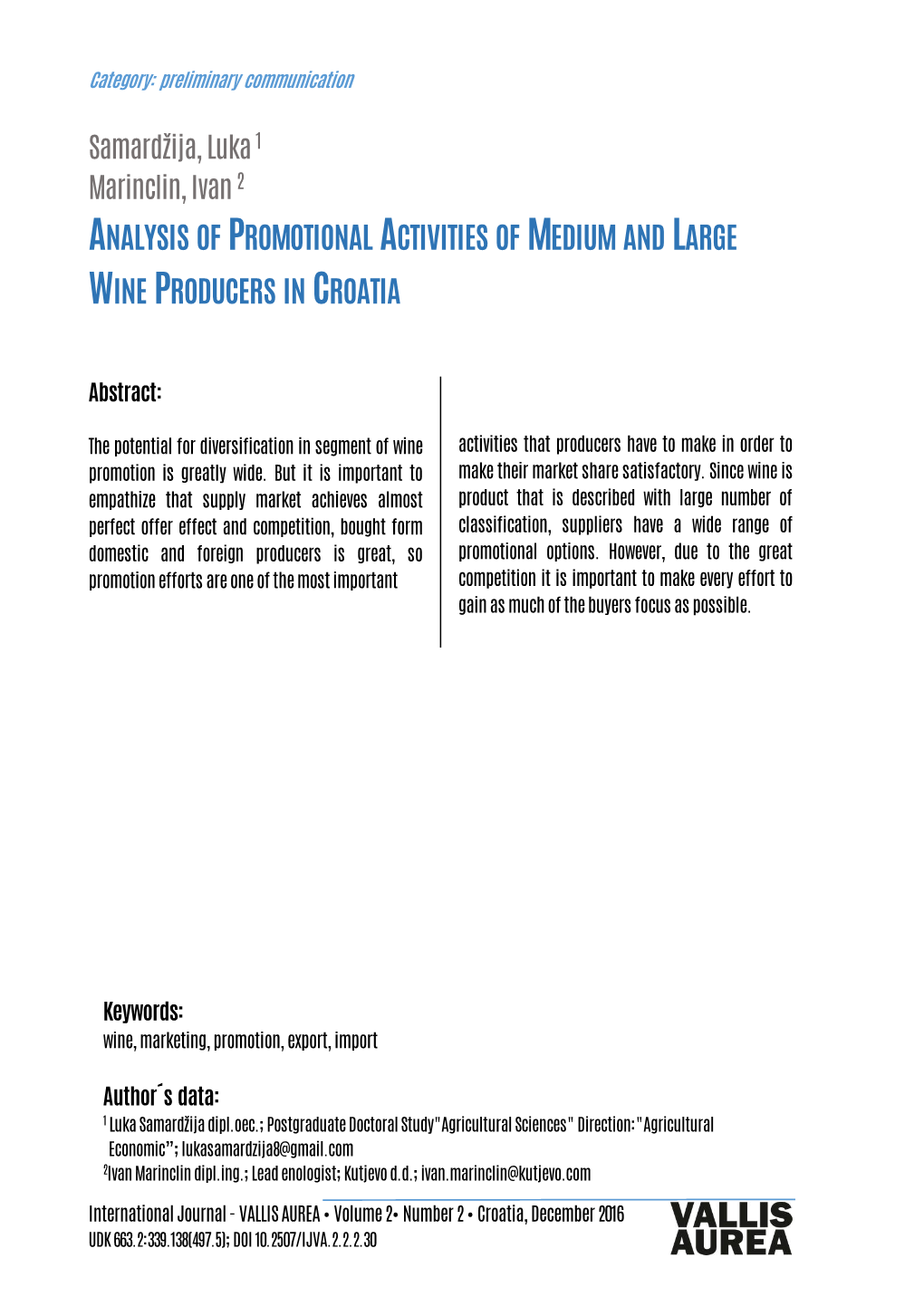 Analysis of Promotional Activities of Medium and Large Wine Producers in Croatia