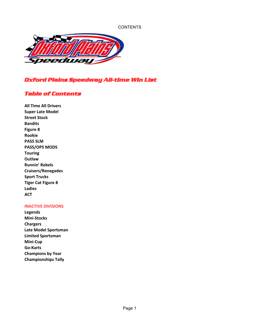 Oxford Plains Speedway All-Time Win List Table of Contents