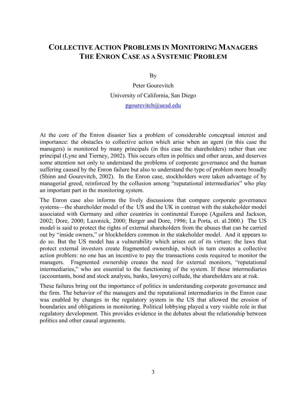 Collective Action Problems in Monitoring Managers the Enron Case As a Systemic Problem