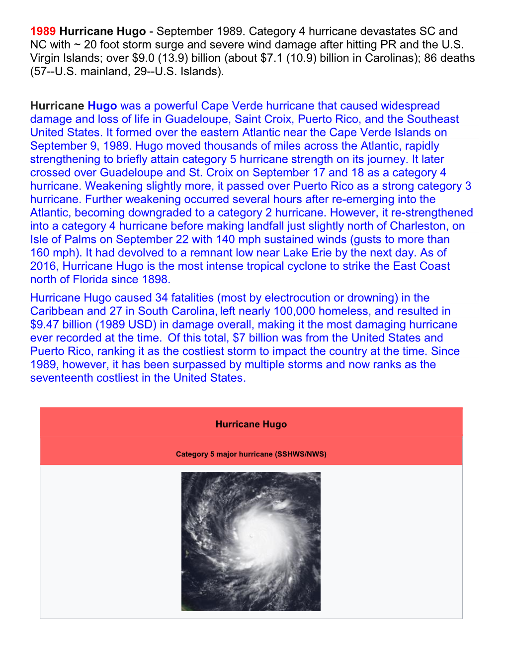 1989 Hurricane Hugo - September 1989