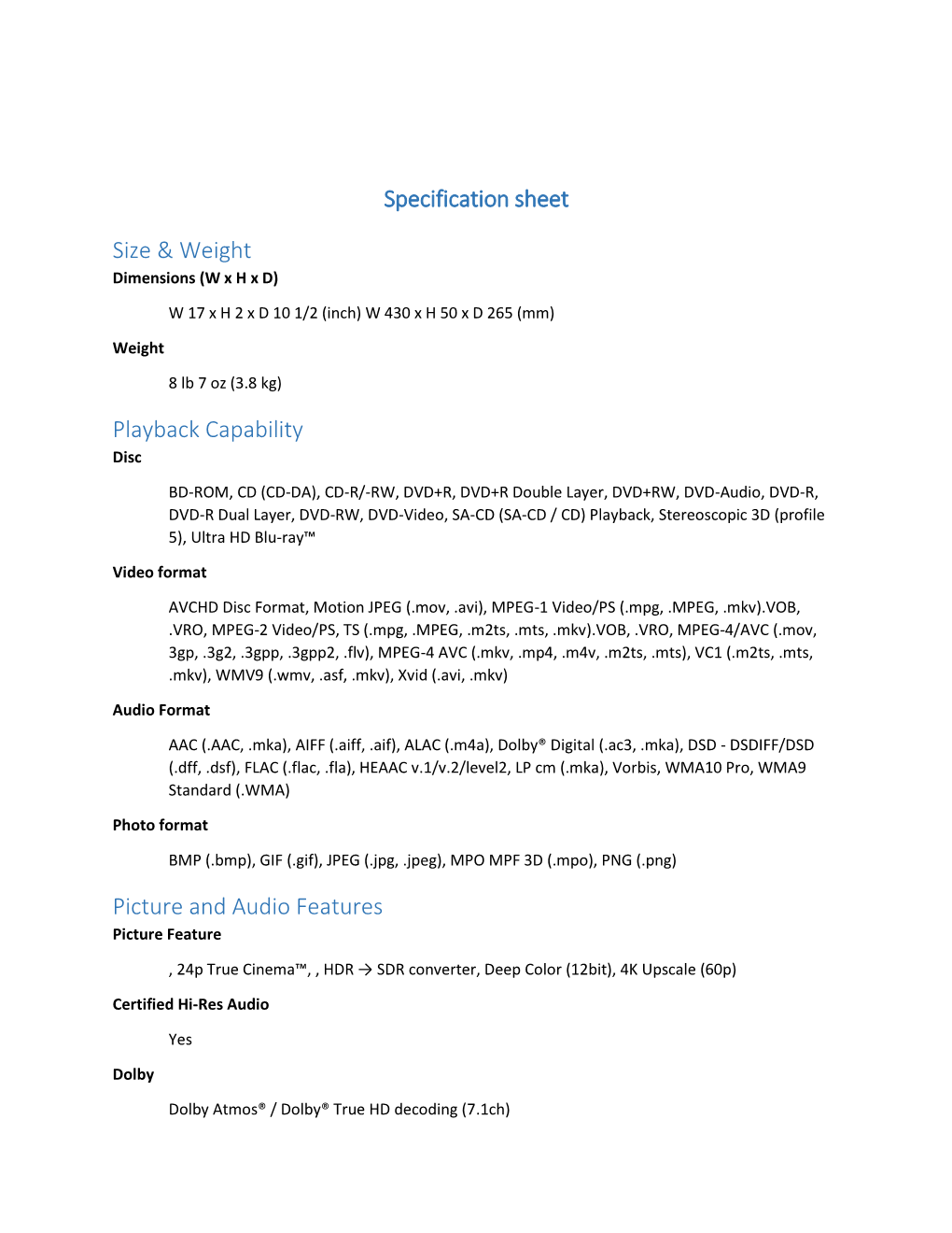 Specification Sheet Size & Weight Playback Capability Picture And