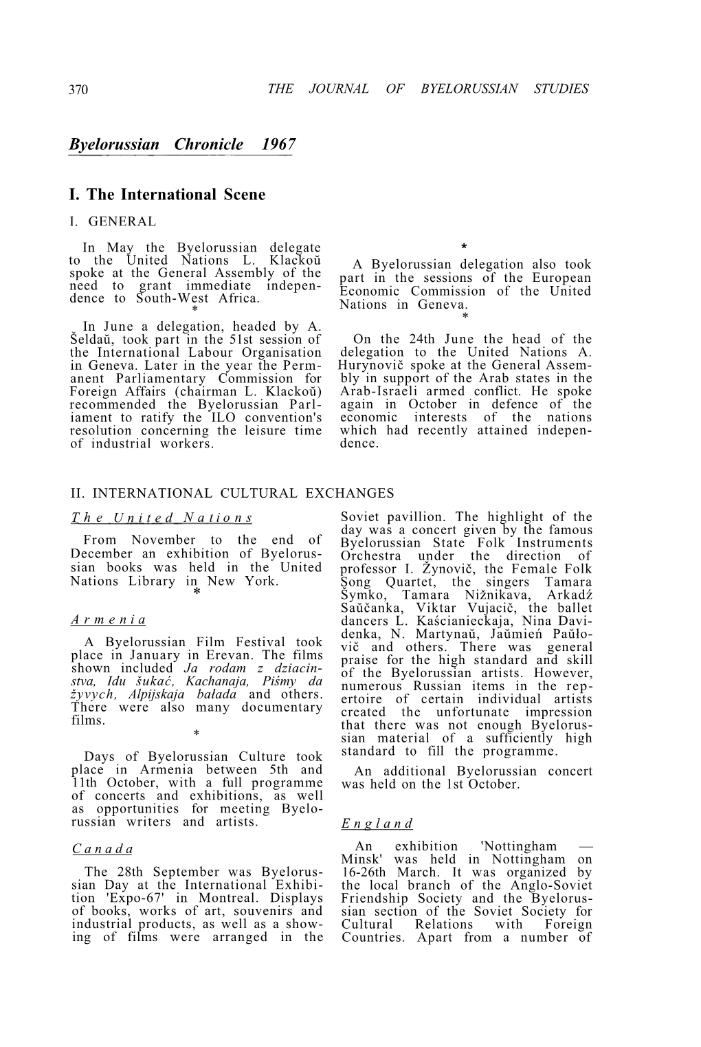 Byelorussian Chronicle 1967 I. the International Scene *