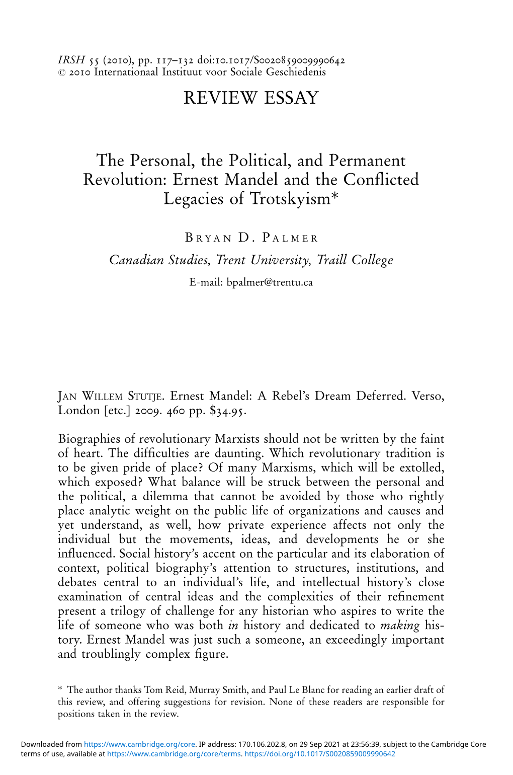 The Personal, the Political, and Permanent Revolution: Ernest Mandel and the Conﬂicted Legacies of Trotskyism*