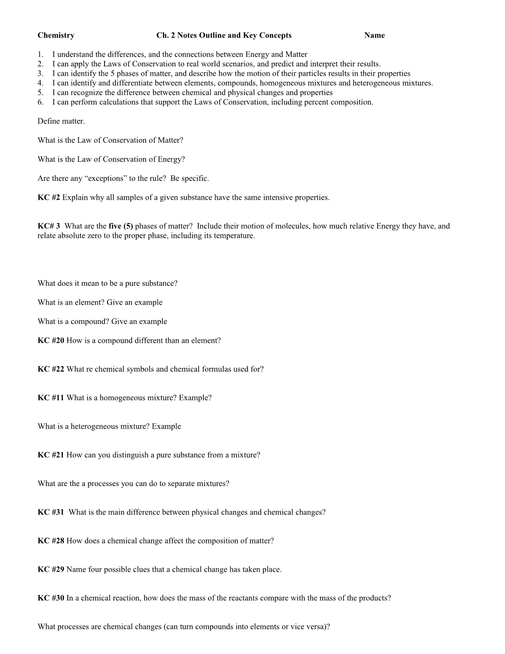 Chemistry Ch. 2 Notes Outline and Key Concepts Name