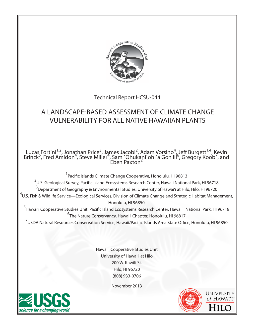 A Landscape-Based Assessment of Climate Change Vulnerability for All Native Hawaiian Plants