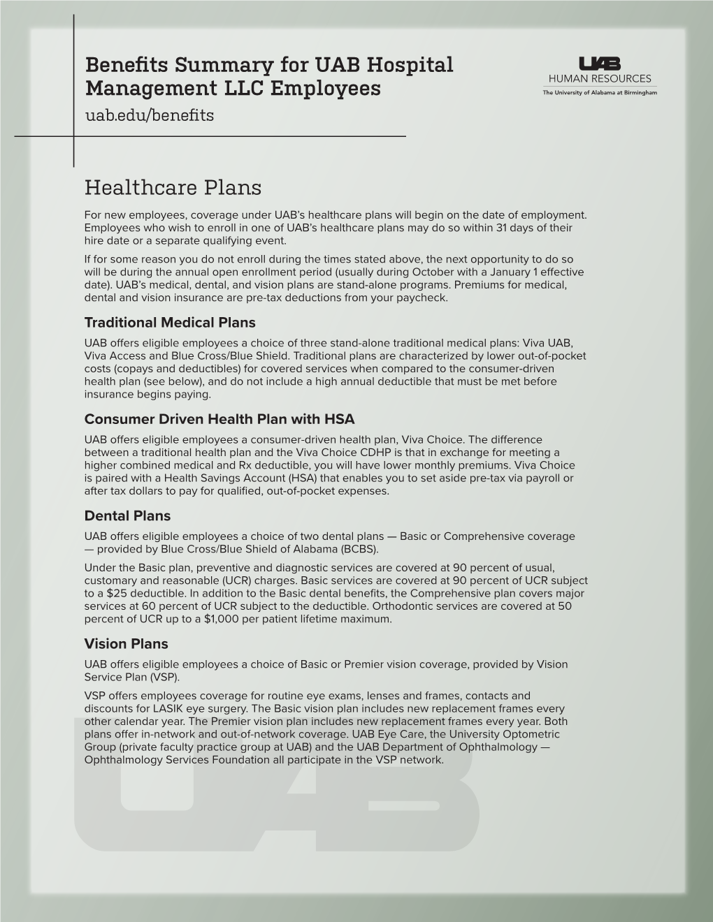 Benefits Summary for UAB Hospital Management LLC Employees Healthcare Plans