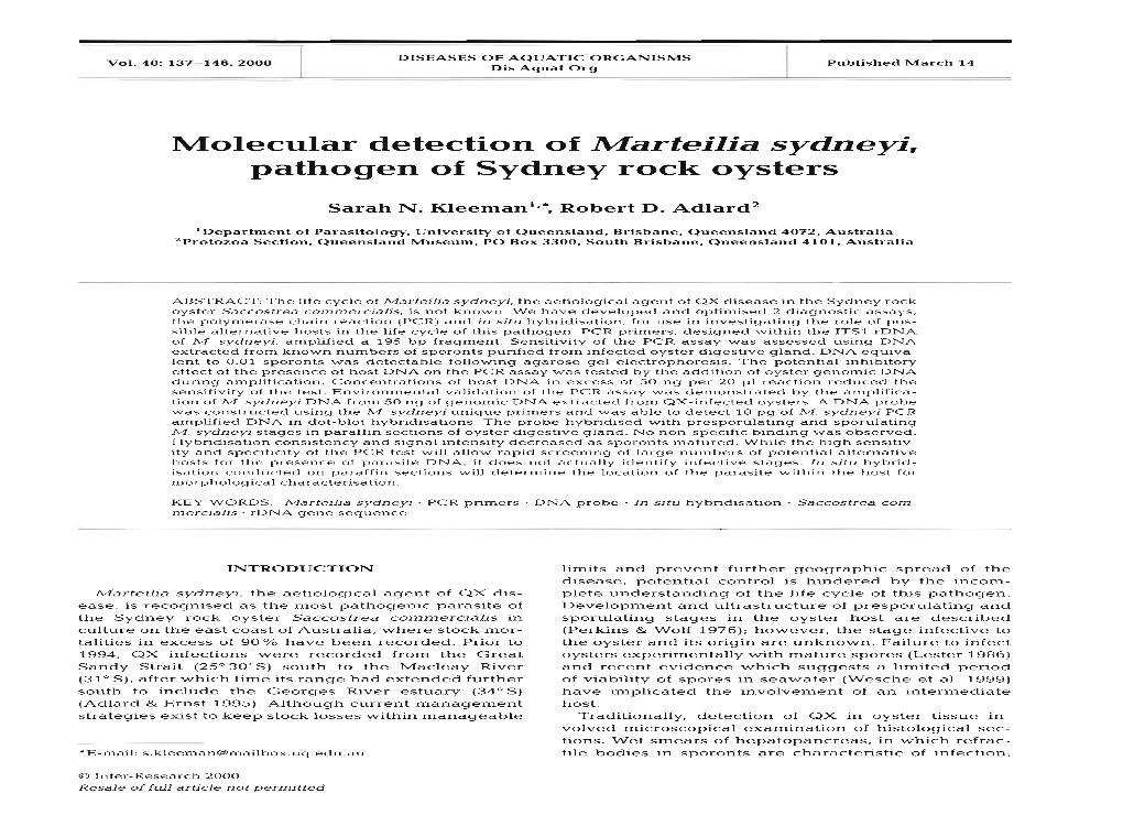 Molecular Detection of Marteilia Sydneyi, Pathogen of Sydney Rock Oysters