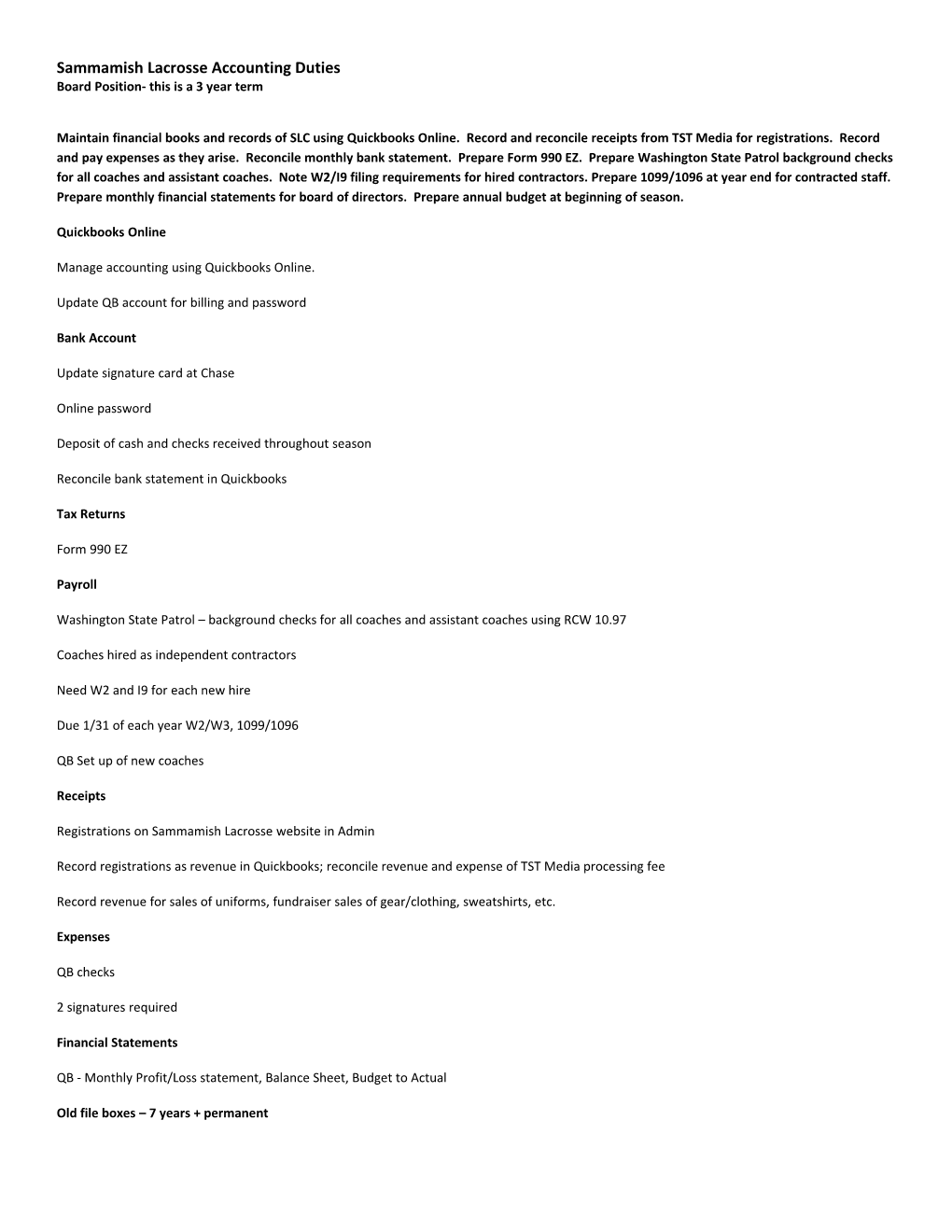 Sammamish Lacrosse Accounting Duties