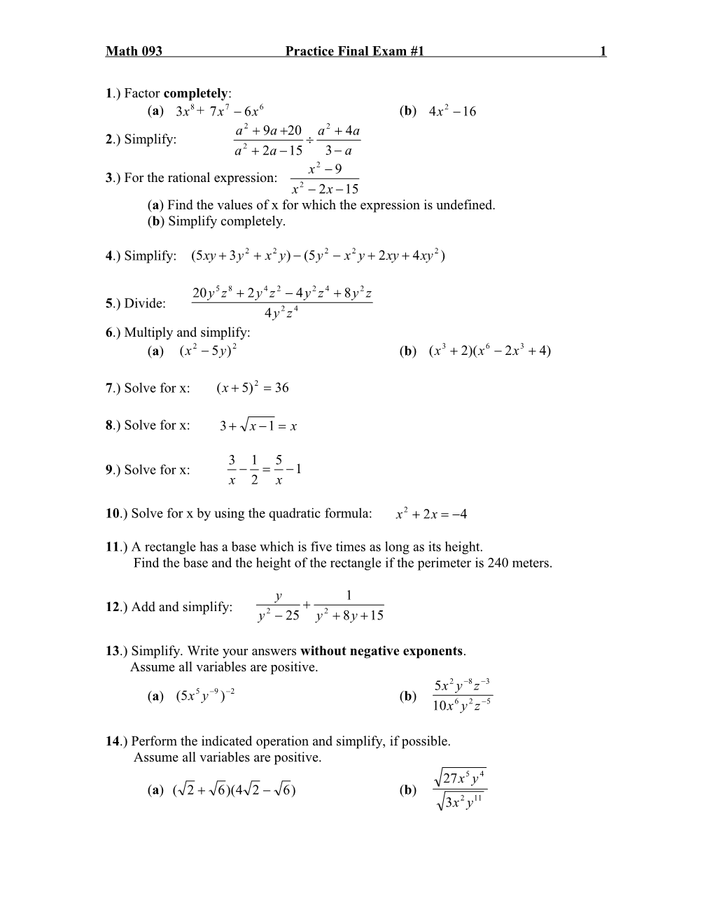 Math 093 Practice Final Exam #1 1