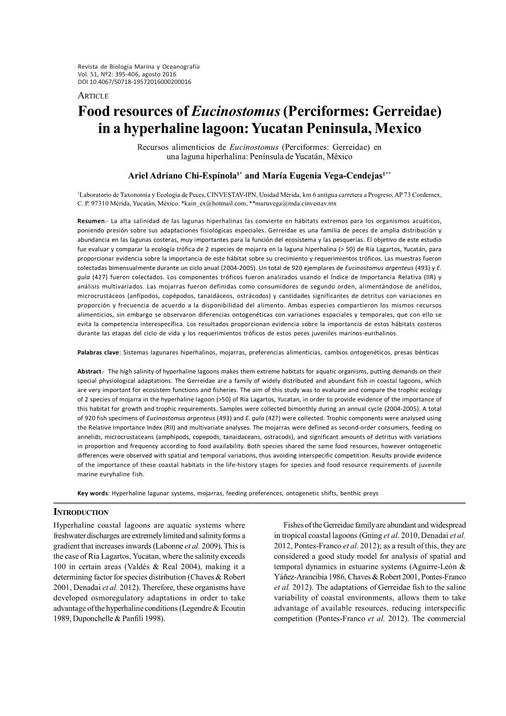 Food Resources of Eucinostomus(Perciformes