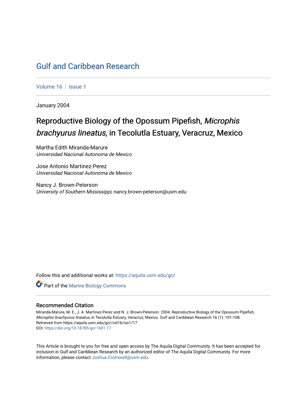 Reproductive Biology of the Opossum Pipefish, Microphis Brachyurus Lineatus, in Tecolutla Estuary, Veracruz, Mexico