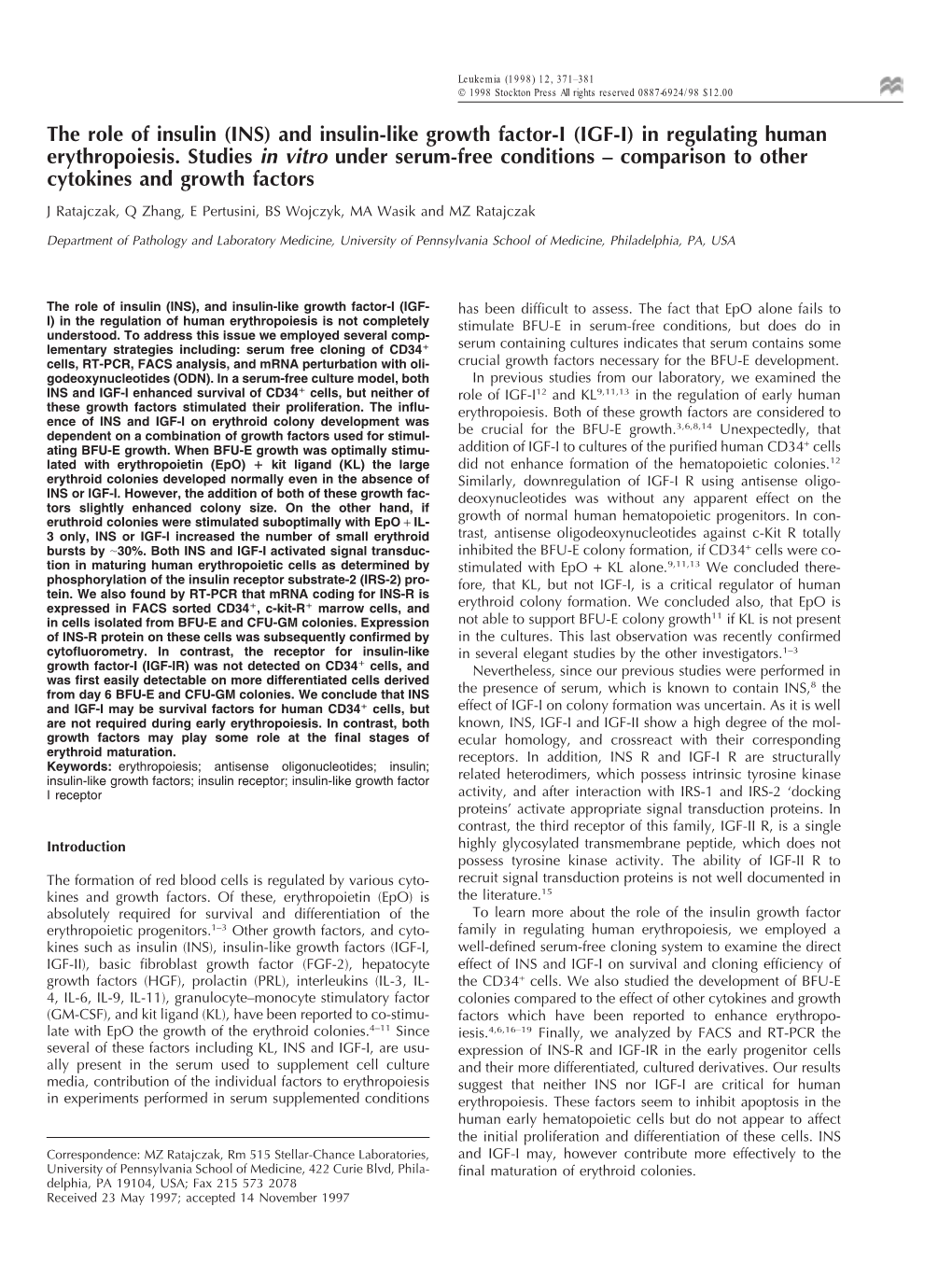 And Insulin-Like Growth Factor-I (IGF-I) in Regulating Human Erythropoiesis