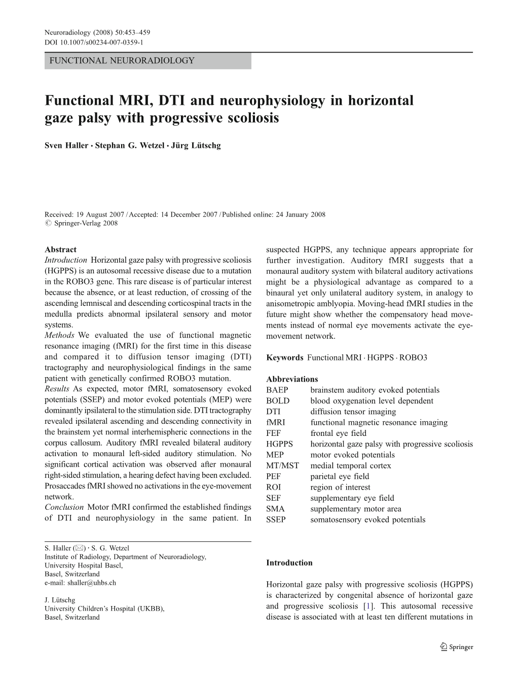 Functional MRI, DTI and Neurophysiology in Horizontal Gaze Palsy with Progressive Scoliosis